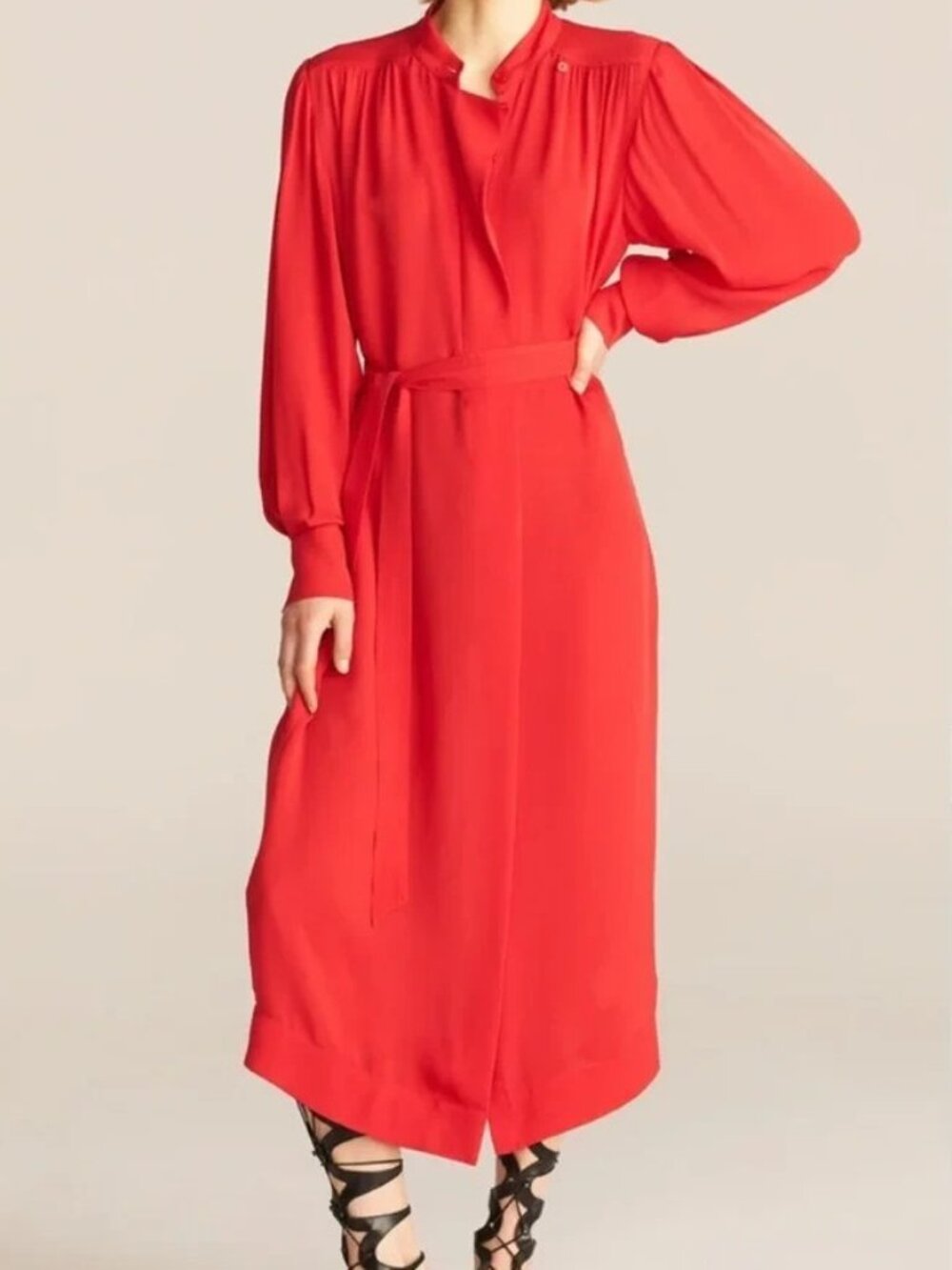 Rebecca Taylor Bright Red Silk Tie-Waist Midi Shirtdress
